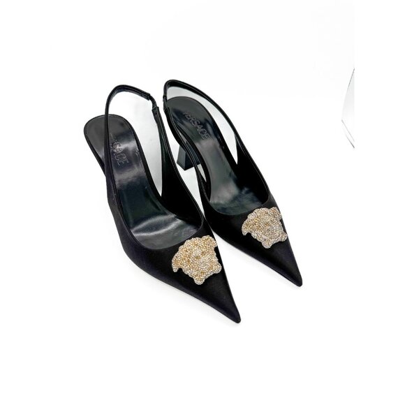 Versace Crystal Medusa Black Satin Slingback Pumps - Picture 5 of 10